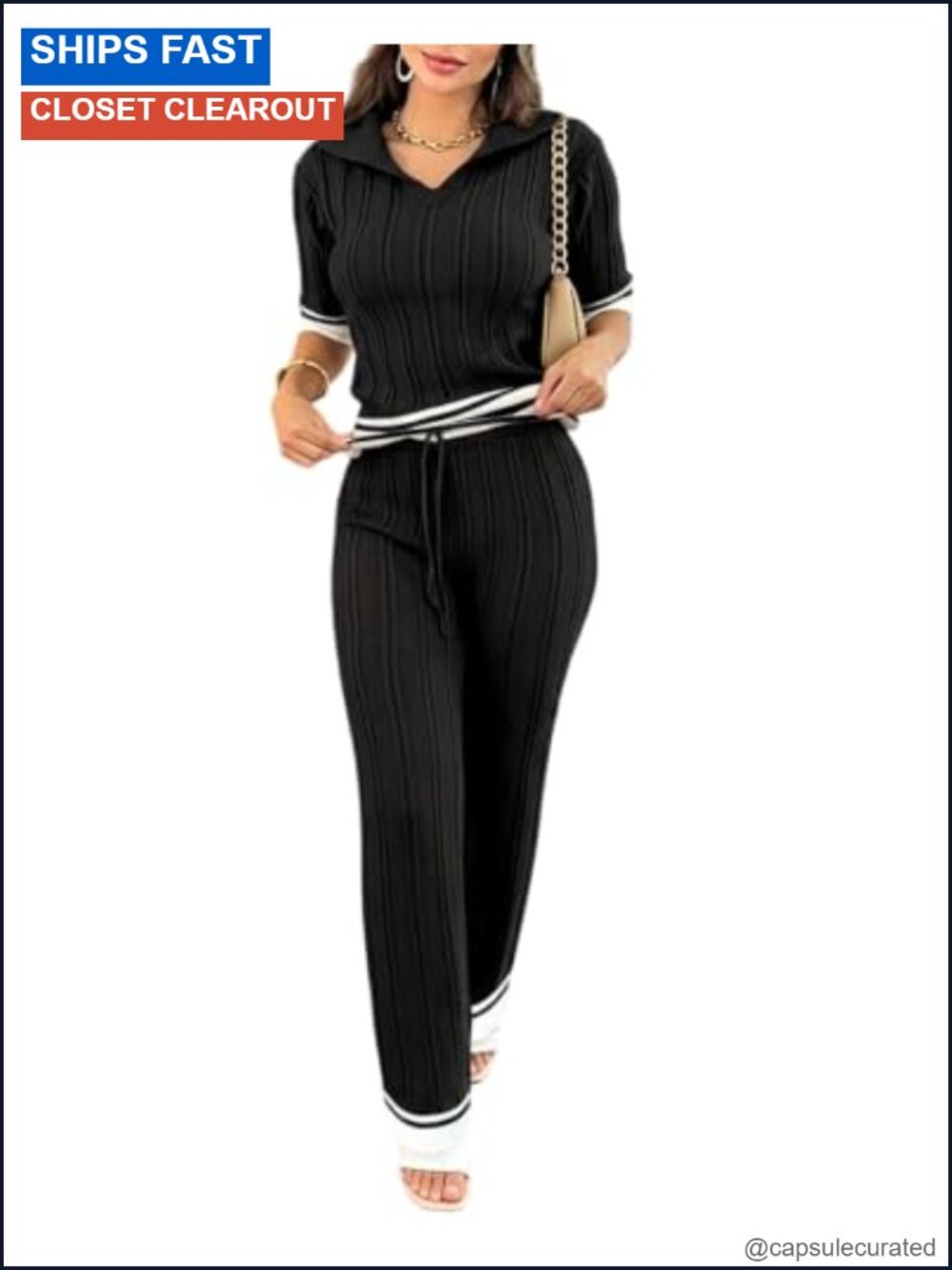 Two Piece Ribbed Knit V Neck Short Sleeve Wide Leg Lounge Set
